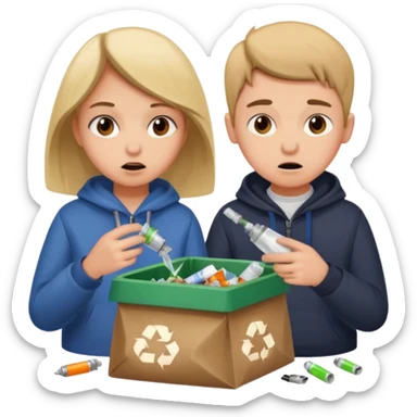 a girl and boy frantically digging through trash looking for vapes sticker