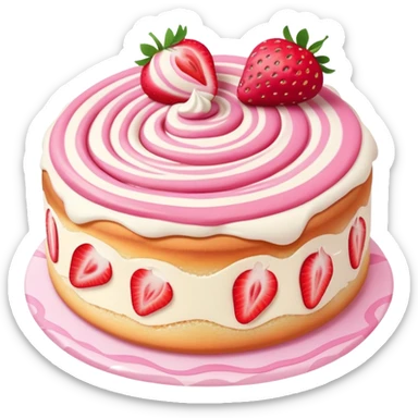 A fluffy strawberry cream roll cake with pink swirl and sliced strawberries on top，kawaii dessert style sticker