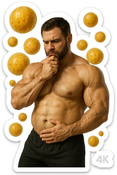 bodybuilder che si tocca la pancia con espressione pensierosa in volto, cellule di grasso gialle (adipociti) fluttuano dietro di lui, iperrealistico 4k sticker