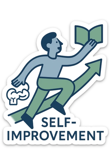 Add a book or brain icon to the self improvement logo. Maintain the modern, uplifting, clean lines style with an abstract human figure in upward motion. Use a blue and green color palette. No background. Keep the design harmonious and balanced. sticker