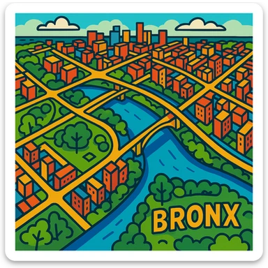 360-degree aerial view of the Bronx, with urban landscape, green spaces, and the Harlem River, vibrant illustrated style sticker