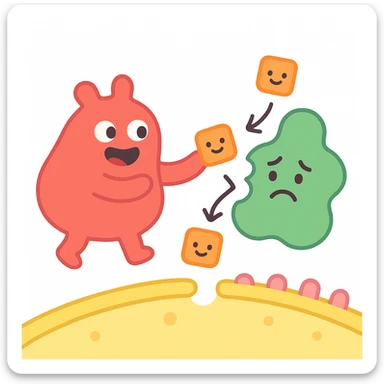 Ultra-detailed emoji-style illustration of enzyme digestion: Red amylase breaking green starch into sugars near a yellow cell membrane. Clean white background, no text. Scientific but simple, cartoon-exact shapes sticker