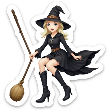 Tall thin witch on a broomstick wearing very high heeled boots sticker
