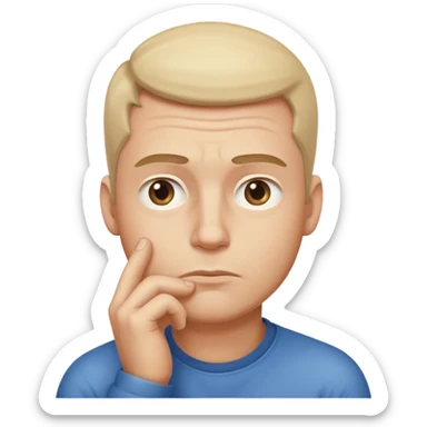 Create an emoji-style illustration of a man thinking. Show him with a hand on his chin, raised eyebrow, and a thoughtful expression. Soft gradients, rounded shapes, clean minimal emoji look sticker