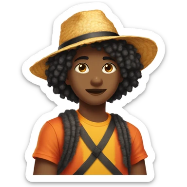 Teenager with black fluffy hair with a small black scar under right eye wearing a orange yellow straw hat that is wrapped with ribbon, wearing a red tank top sticker