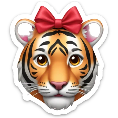 pink tiger face with red bow on head sticker