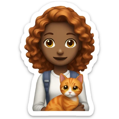 Brown wavy haired girl with an orange cat sticker