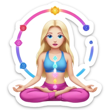 Cinematic realistic blonde with long hair, blue eyes and pink lips meditates, her chakras glow sticker