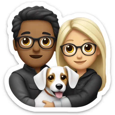 A couple cuddling a jack Russell, the men have black hair and glasses and the woman is blonde but without glasses  sticker