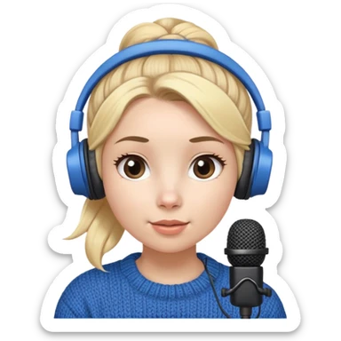 a cute face girl have bright white skin
and small and natural lips with
blue knitwear with a blonde one hair
bun and she is a podcaster in her
school. with recording microphone in
front of her not held and a headphone
in her head sticker