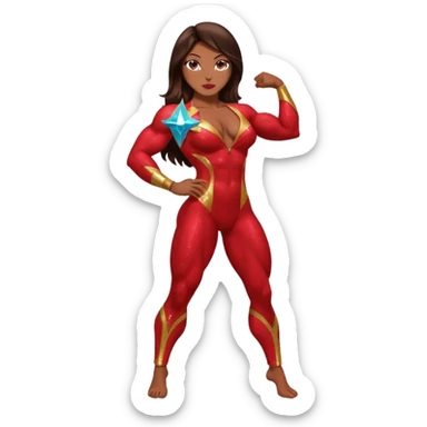 Bodybuilder woman with sparkly red suit and long dark brown hair in a bodybuilding side pose sticker