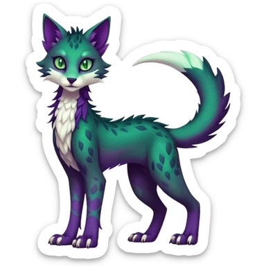 Kawaii dark edgy dark deep purplish with dark green eyes fantasy feline-vernid-sergal-fursona animal creature with a tufted tail full body with intricate markings  sticker