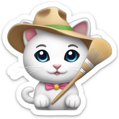 Kawaii cat artist in hat holding palette and brush so it can be used as a mouse cursor sticker