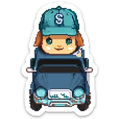 pixel art, cute dump truck, navy blue and teal green, Mariners baseball cap sticker
