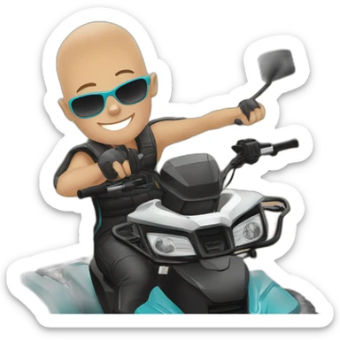 Young man on atv quad cfmoto, no hair, sunglass sticker