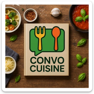 Place the green playful logo with chat bubble and utensils prominently and clearly on a cookbook background, ensuring the logo stands out and is easily visible. sticker