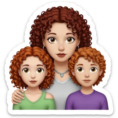 Create a family. A young hot mom. She is an alt girly with dark curly hair, an eyebrow piercing, and a nose ring. Her two teenage kids are gay girlies. One has shoulder length auburn hair and has an eyebrow ring. The other has short bleached curly hair, bleached eyebrows and a lip ring sticker