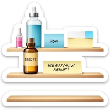 big shelf with one beauty serum, large sticky note with 'reorder now!' text sticker