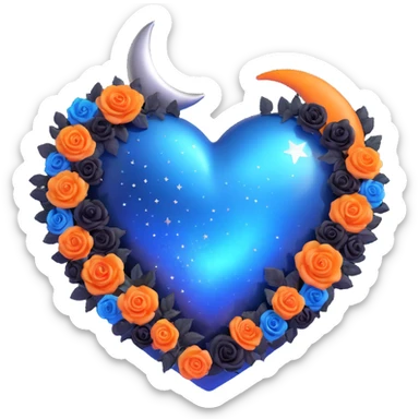 3D emoji gothic heart, midnight blue glass, silver crescent moon, tiny black roses, shimmering stardust, holographic shimmer, confetti burst, glowing blue aura sticker