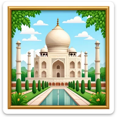 Cinematic Realistic Taj Mahal Landmark Emoji, depicted as the iconic marble mausoleum set amidst lush gardens rendered with intricate detail and ethereal, soft lighting. sticker