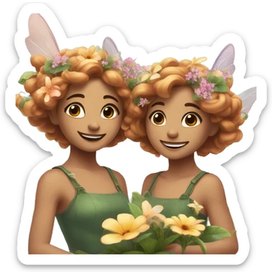 two fairies flying, beautiful, flowers in hair, smiling, aesthetic sticker