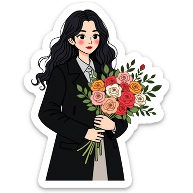 beautiful girl with long black hair wearing a black coat holding a bouquet of flowers sticker