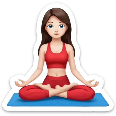 Brunette long hair and blue blue eyes yoga beautiful girl in bright red  clothes sitting on a yoga mat sticker