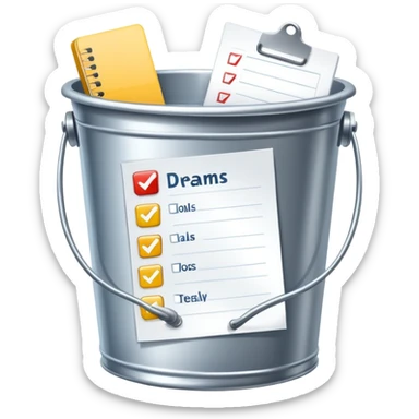 bucket with a checklist or paper inside, cheerful and clear, representing goals or dreams sticker