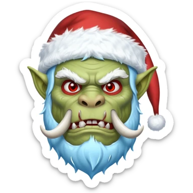 Fantasy orc emoji portrait, Santa Claus hat stretched around tusks, tusks covered with ice and crimson frost cracks, cold predator expression, winter hunt atmosphere, minimal clean emoji design, male/female variant
 sticker