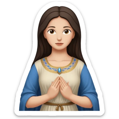 fullbody Mary Magdalene, fit and buxom body, very pretty detailed face, normal height, plain light tan ancient dress, arms down with hands by hips, dark hair sticker