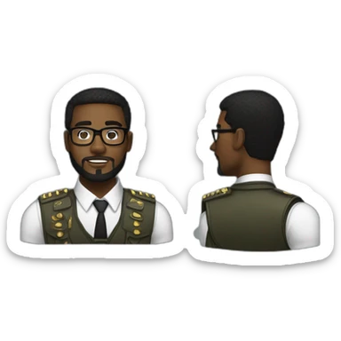 black soldier with beard, part in black hair, white collared shirt, bow tie, gold frame glasses, bulletproof vest  sticker
