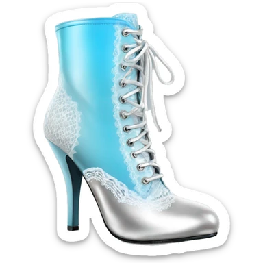 Realistic isolated front view pair of silver to white ombre high heel bootie boots shoes with sky blue lace. sticker