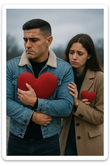 un uomo italiano in abiti casual si allontana da una donna che cerca di abbracciarlo. Lui stringe al petto un grande cuore rosso, mentre lei ne tiene uno più piccolo; entrambi hanno espressioni tristi, e la distanza emotiva è sottolineata da uno sfondo sfocato e freddo. sticker