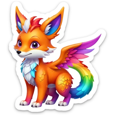 Cartoon Fox dragon hybrid with wings face front full body rainbow colored sticker