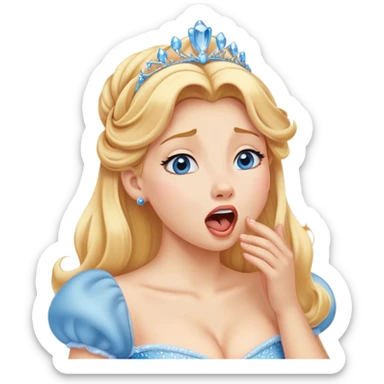 Cinematic Realistic Yawning Cinderella Portrait, showcasing lifelike porcelain skin and intricately detailed golden-blonde hair styled flawlessly as she mid-yawn reveals a moment of tender vulnerability. Her half-closed blue eyes and relaxed expression are rendered with natural, soft lighting that emphasizes the subtle textures of her face and the detailed, flowing fabric of her iconic gown. The scene glows with a cozy, authentic warmth that captures a rare, intimate moment of repose. sticker