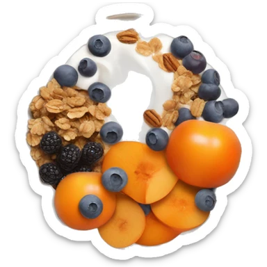 fruit bowl with persimmons, yogurt, chocolate chips, blueberries and granola sticker