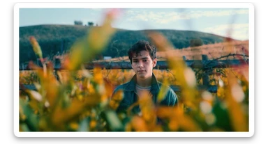 A portrait of a person in the foreground, blurred plants in the foreground (close to the camera), a wooden fence in the midground, rolling hills in the background, cinematic depth of field, layered composition, natural lighting sticker