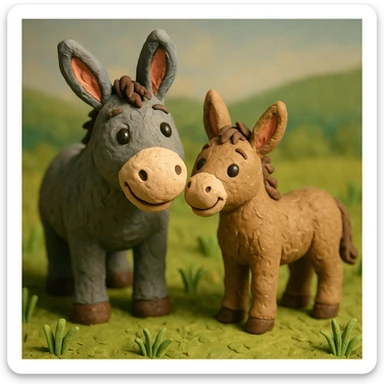 donkey and foal together, cute and cheerful, detailed fur, in a grassy meadow, claymation style sticker