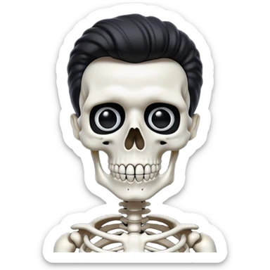 Skeleton Rick Astley but his skull is facing down and he’s talking and the background is pitch black and he has white little dots for eyes sticker