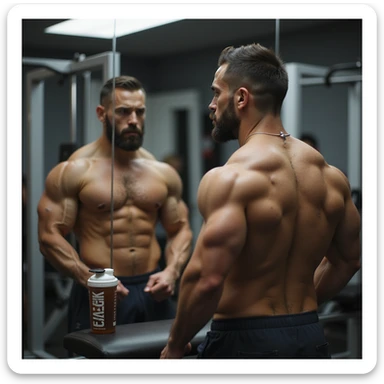 realistic male bodybuilder in definition phase, shirtless in front of mirror, observing reflection with frustrated expression, less full muscles, visible veins, gym with soft lighting, protein shaker on bench sticker