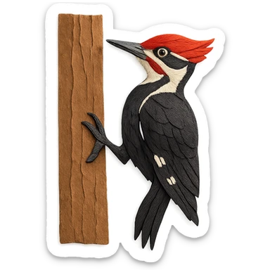 close-up of a Pileated Woodpecker on a tree trunk, fine paper edges, bold feather patterns, vivid red crest sticker