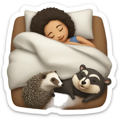 Girl sleeping with an hedgehog and badger sticker