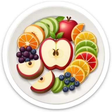 a plate of food with a white plate, colorful fruit slices, vegetables, and bread, simple and colorful apple emoji style sticker