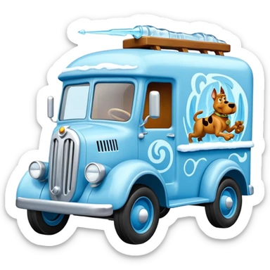 The Flintstones shiny ice-blue frozen Scooby Doo 1915 Lightning Bug busters liquidator’s antique long wheelbase moving truck  sticker