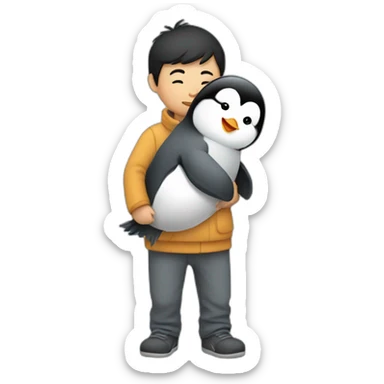An Asian man carrying a baby penguin sticker