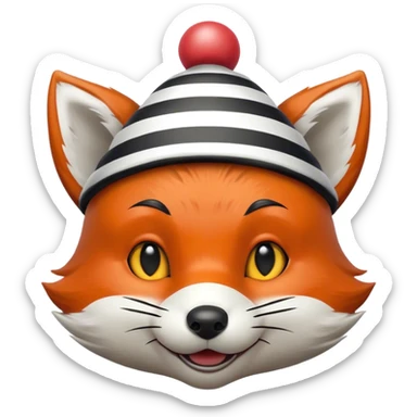 Renard fou avec des rayures noires et blanches portant un minuscule chapeau de clown sur la tête sticker