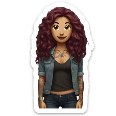 Beautiful tattooed burgundy long haired woman standing next to a car sticker