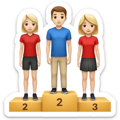 show people on podium in second, first then third position.  The podium should be labeled 2, 1, 3. The middle position should only have the number 1.  the people should be dressed causally in regular relaxed clothes

 sticker