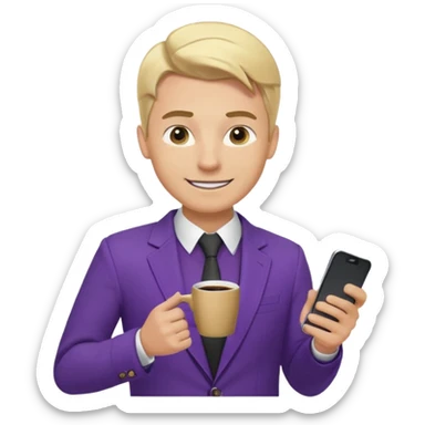 Confident and outgoing male entrepreneur, Caucasian features, blonde hair, big friendly smile, expressive eyes, defined eyebrows, wearing a purple blazer over a black shirt, holding a smartphone in one hand and a coffee cup in the other, waist-up, front-facing sticker