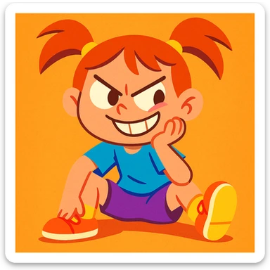 mischievous girl, playful expression, casual pose, vibrant colors, cartoon style sticker